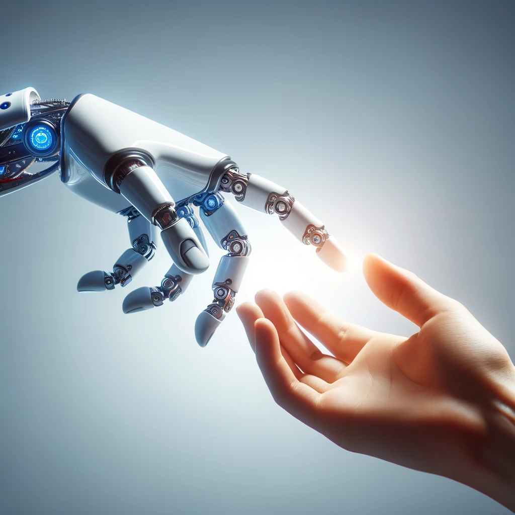 An image showing a humanoid robot hand reaching out towards a human hand, symbolizing the collaboration between technology and human touch in customer service.