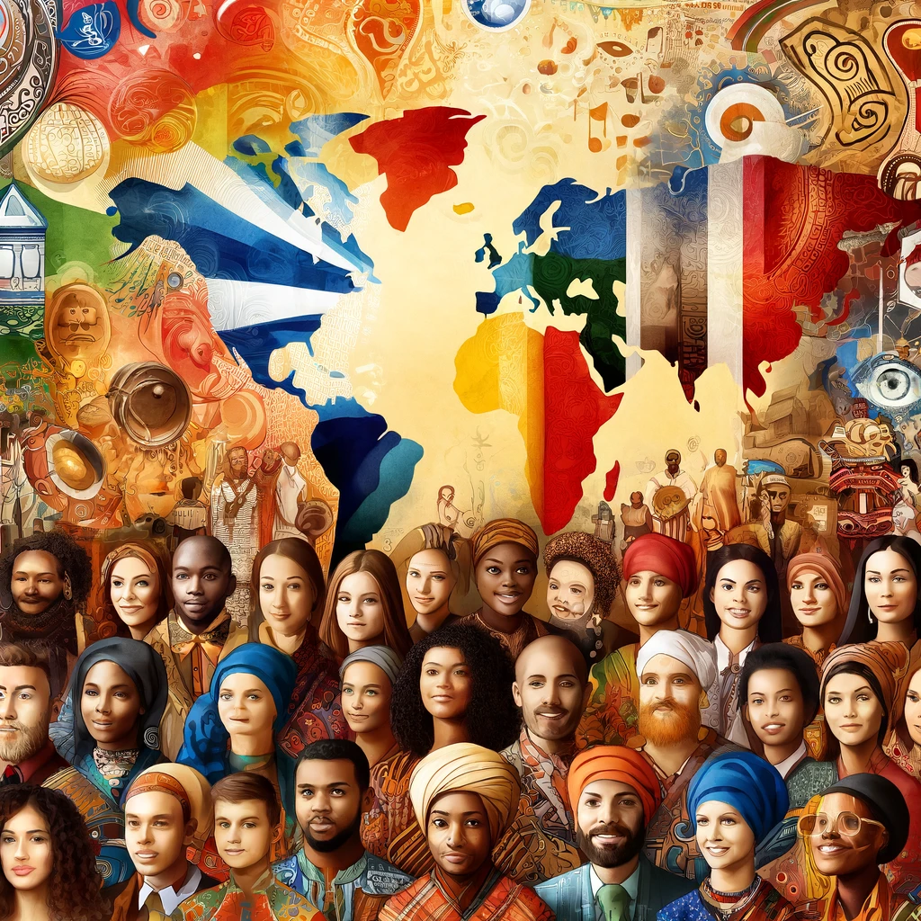 An image depicting a global map made from various national flags, symbolizing international culture diversity.