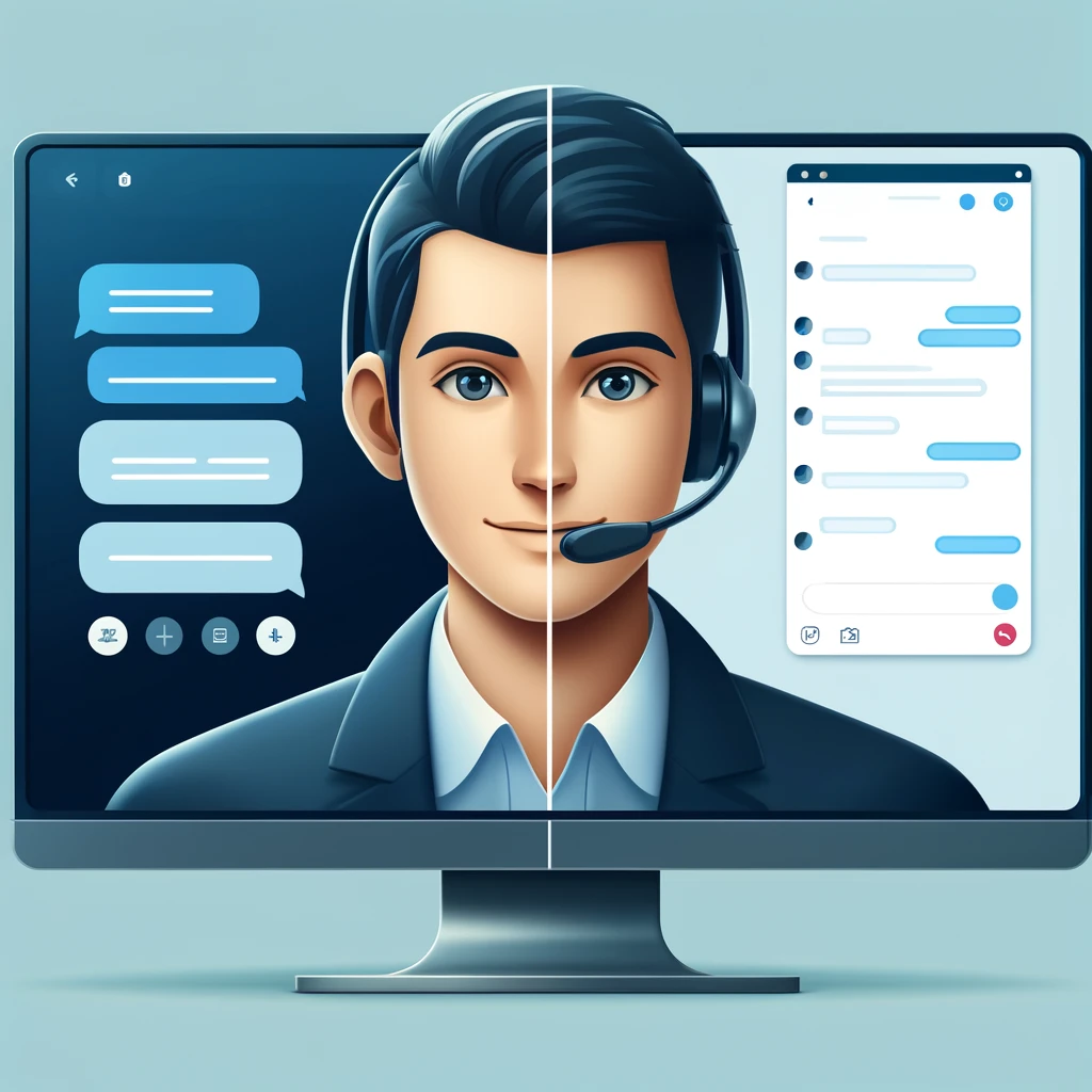 An image of a computer screen displaying chat support on one half and a customer service representative speaking on a phone on the other half