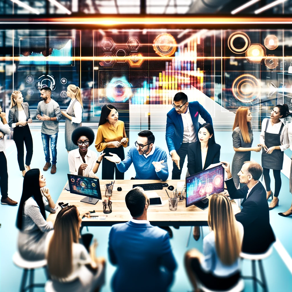 An engaging image of a diverse group of customer service professionals in discussion, highlighting innovation and teamwork.