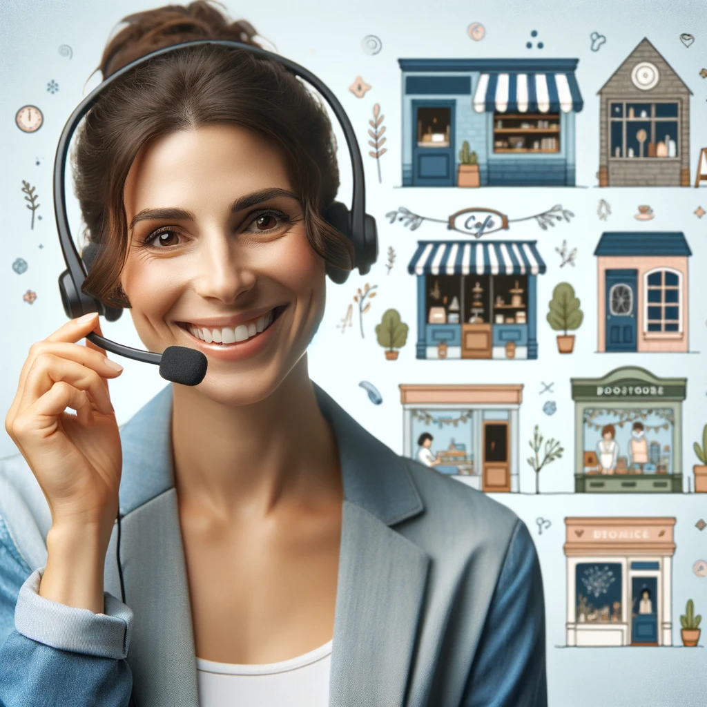 An image showing a smiling customer service representative with a headset on, possibly talking to a customer. Include small businesses in the background to signify the focus on SMEs.