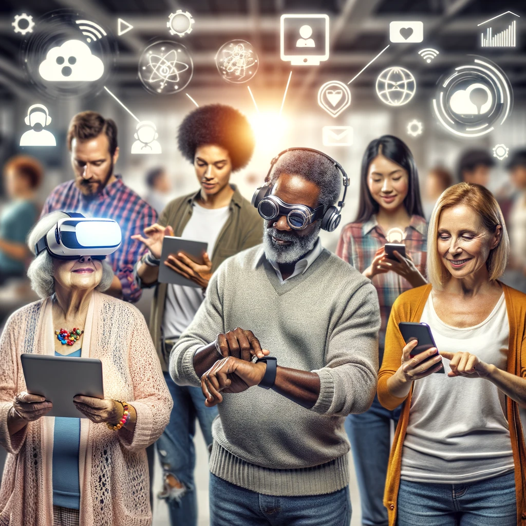 An image showcasing diverse consumers from various generations, possibly with digital elements symbolizing the change in technology and customer service over the decade.