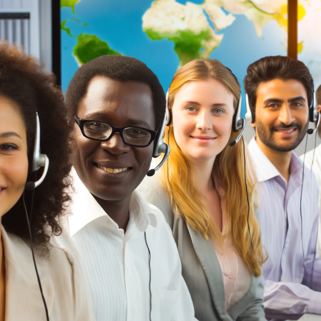 An image showcasing diverse customer service representatives from around the world, emphasizing a global perspective.