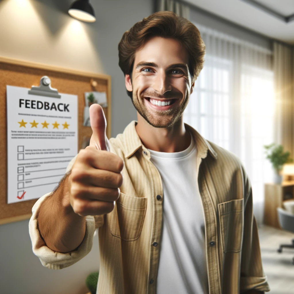 An image of a happy customer giving a thumbs up with a feedback form in the background