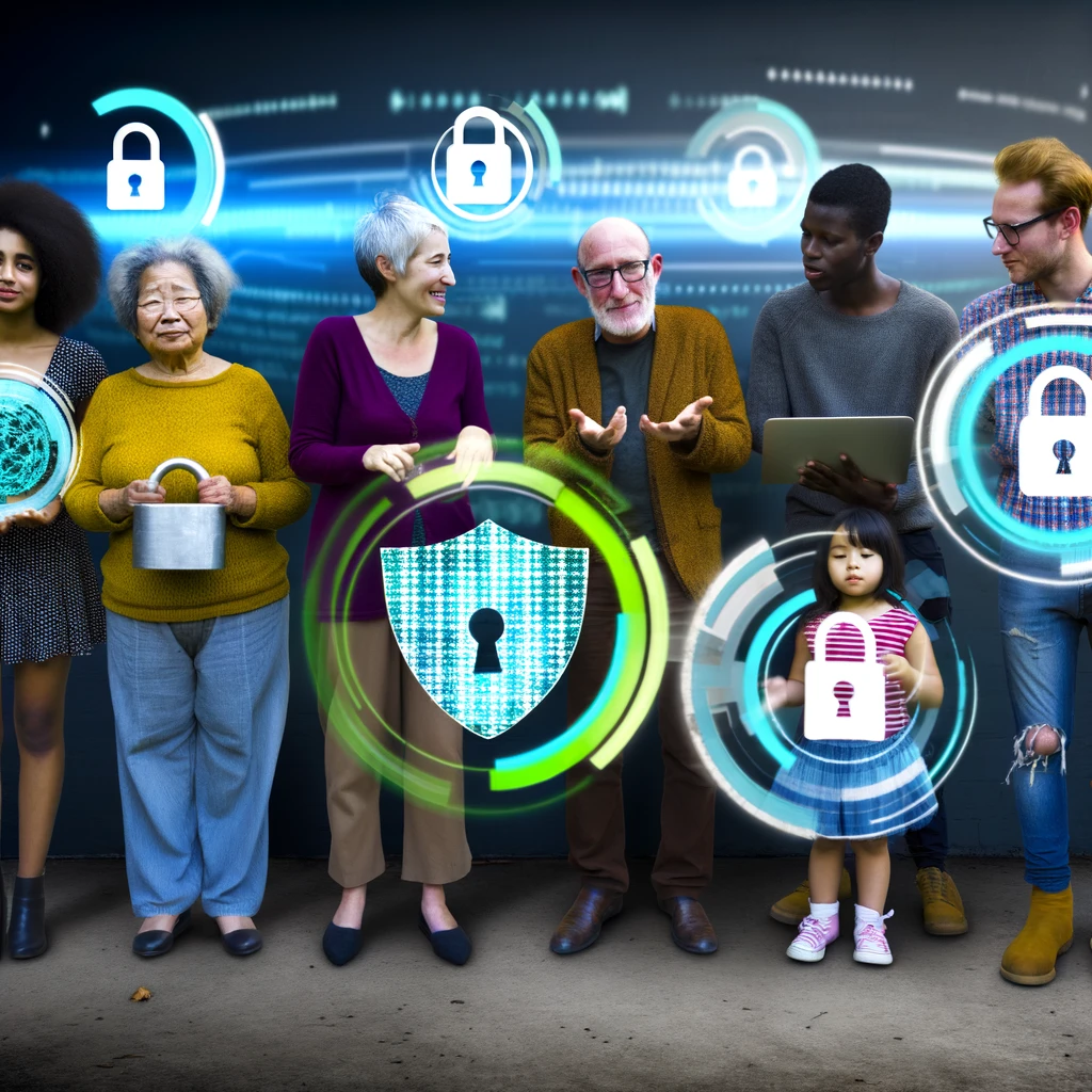 An image showcasing diverse individuals around digital icons of personal data and protection shields