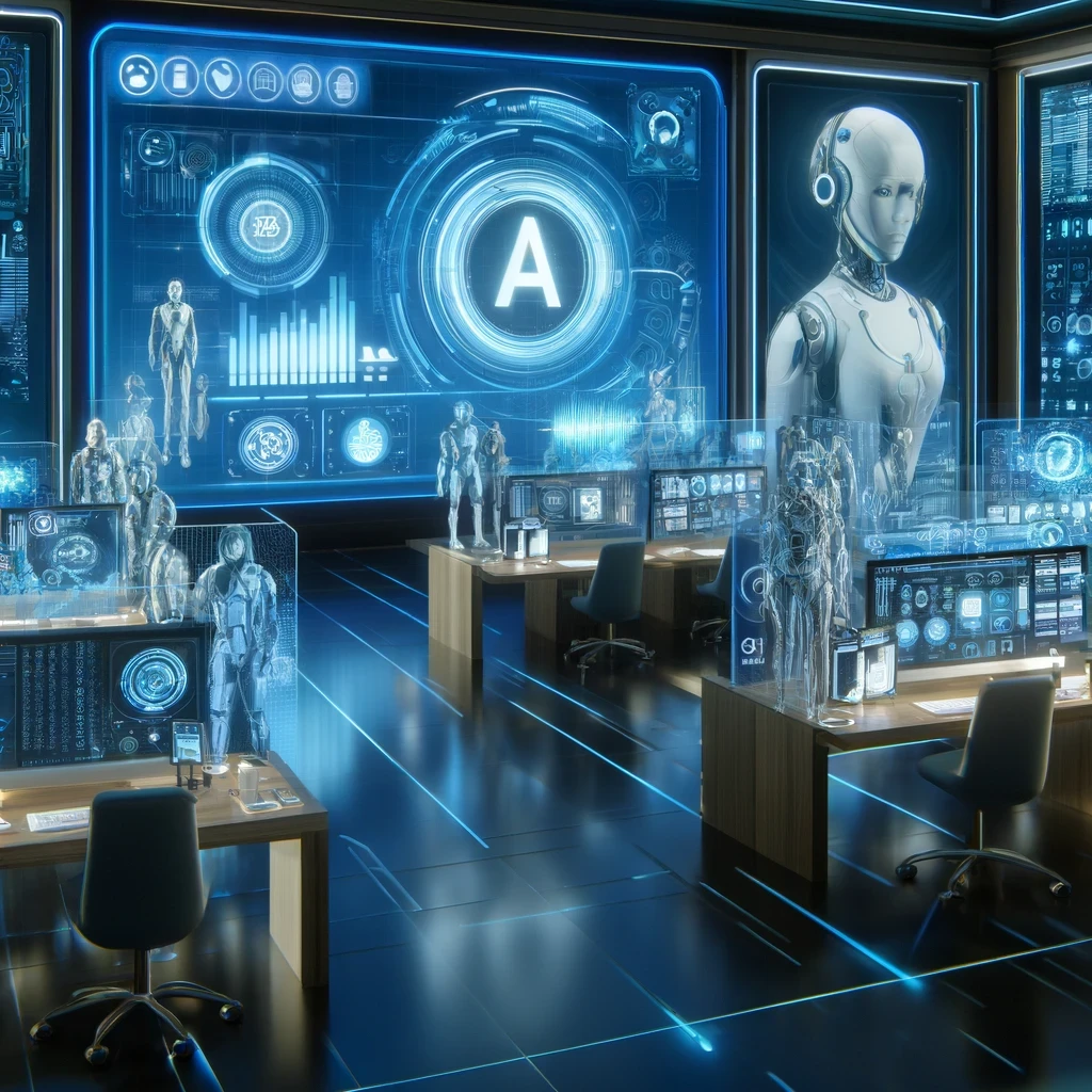 Futuristic customer service graphics, showcasing technology like AI, chatbots, and digital communication platforms.