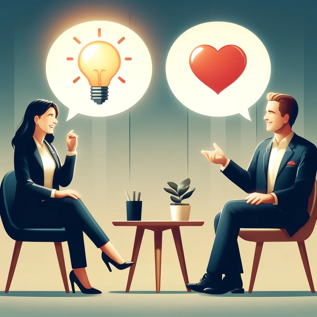 An image of two people having a conversation with speech bubbles that include symbols like a lightbulb (for ideas) and a heart (for customer love)