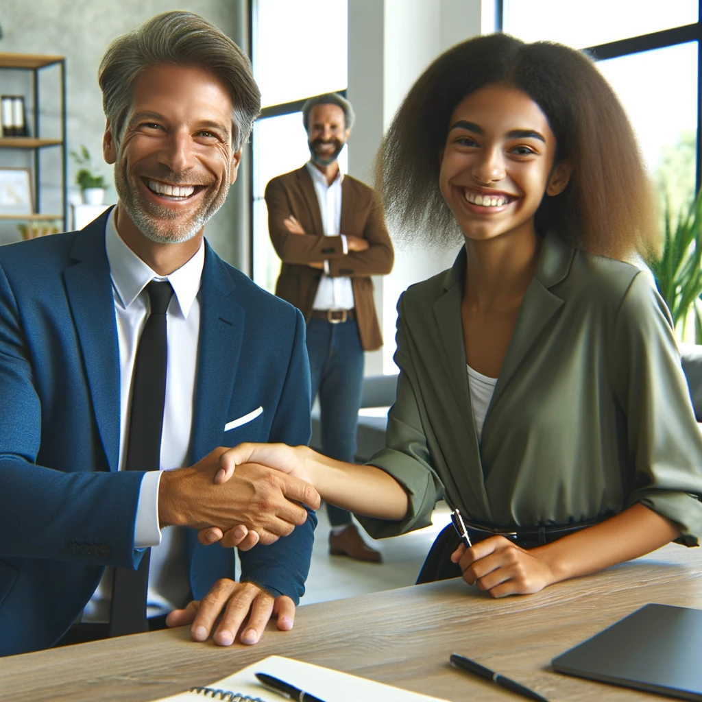 An image depicting a happy customer and a brand representative shaking hands