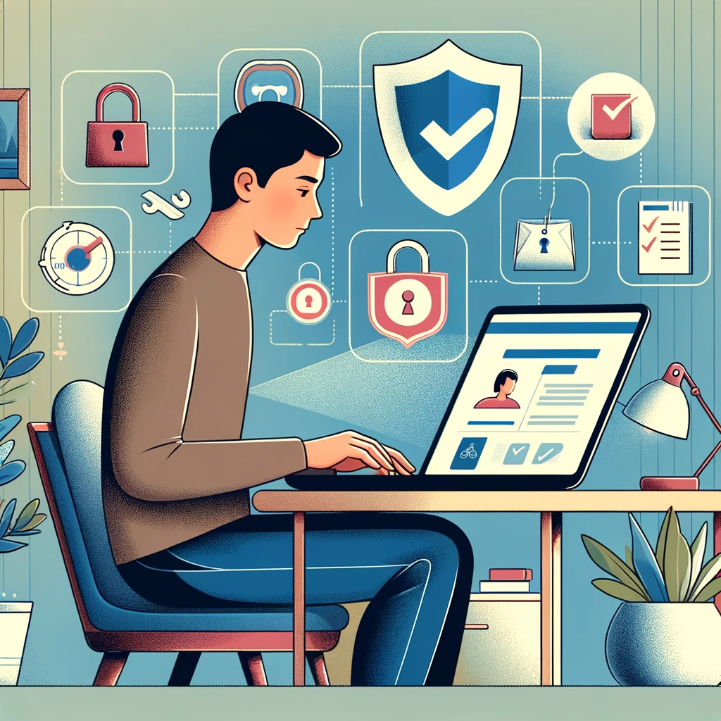 A graphic illustrating a person shopping online with various icons representing consumer rights and protections around them
