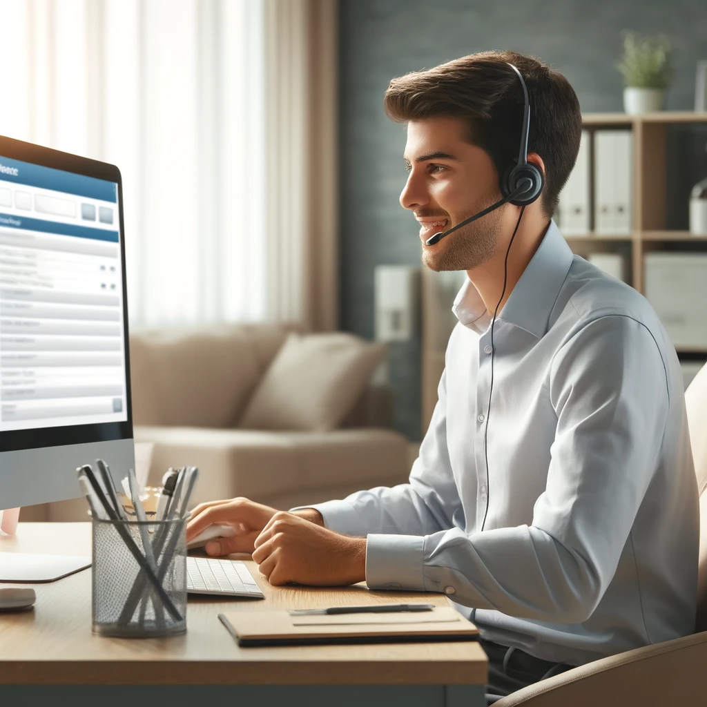 An image of a customer service representative attentively listening to a customer through headphones