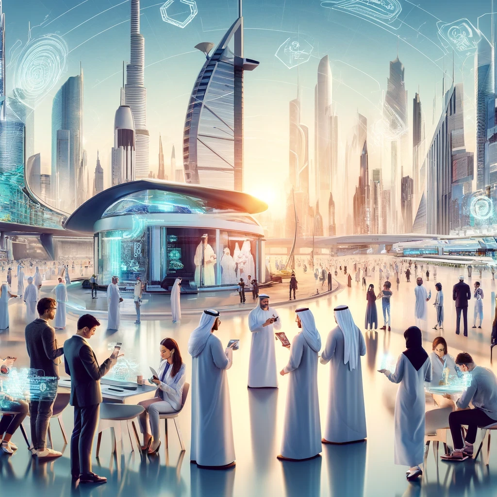 A modernistic image showing diverse age groups interacting with technology and customer service representatives in a futuristic UAE setting