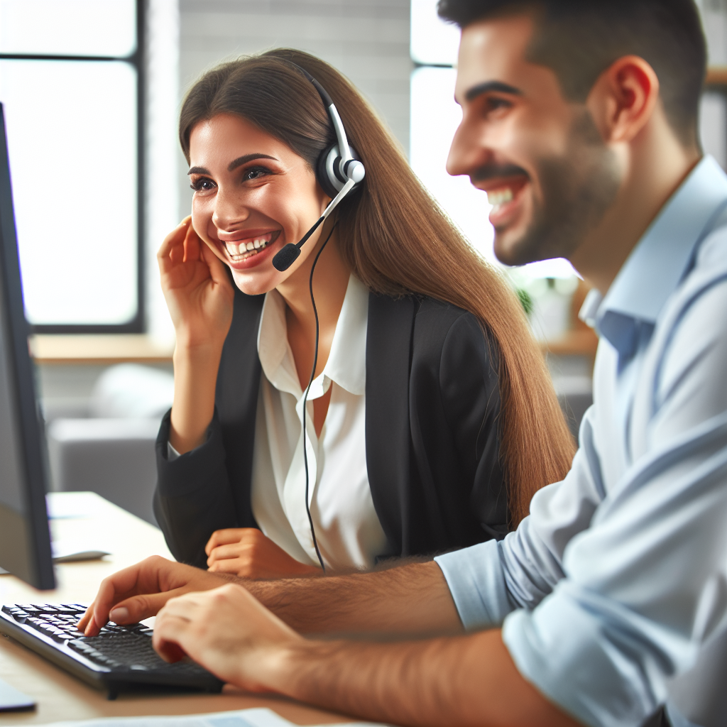 Happy customer service representative assisting a smiling customer.