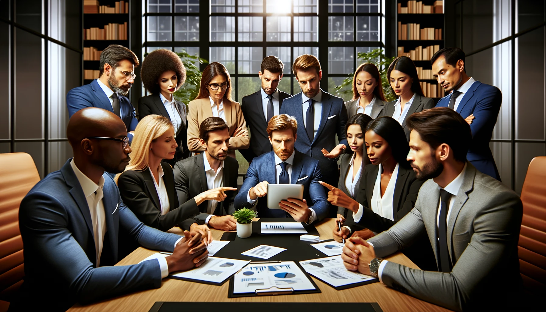 An image of diverse business professionals collaborating around a digital tablet, focusing on complaint resolution strategies