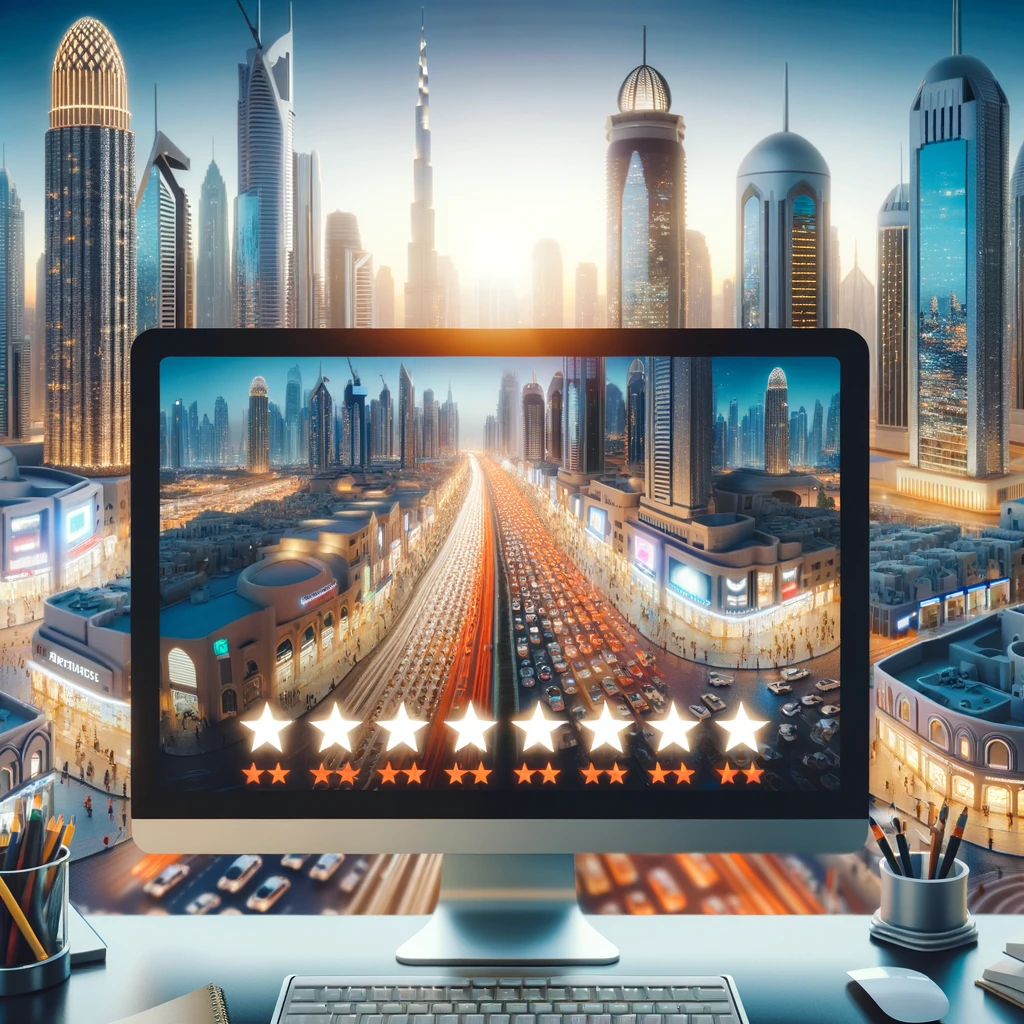 A computer screen displaying several star ratings and customer reviews, with a background of a bustling city in the UAE.