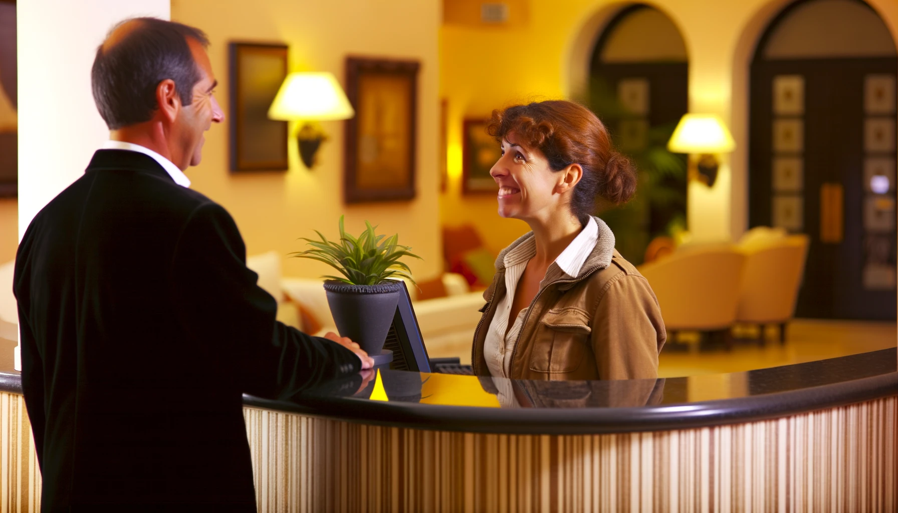 An image showing a hotel guest discussing with a receptionist, portraying a positive and understanding interaction.