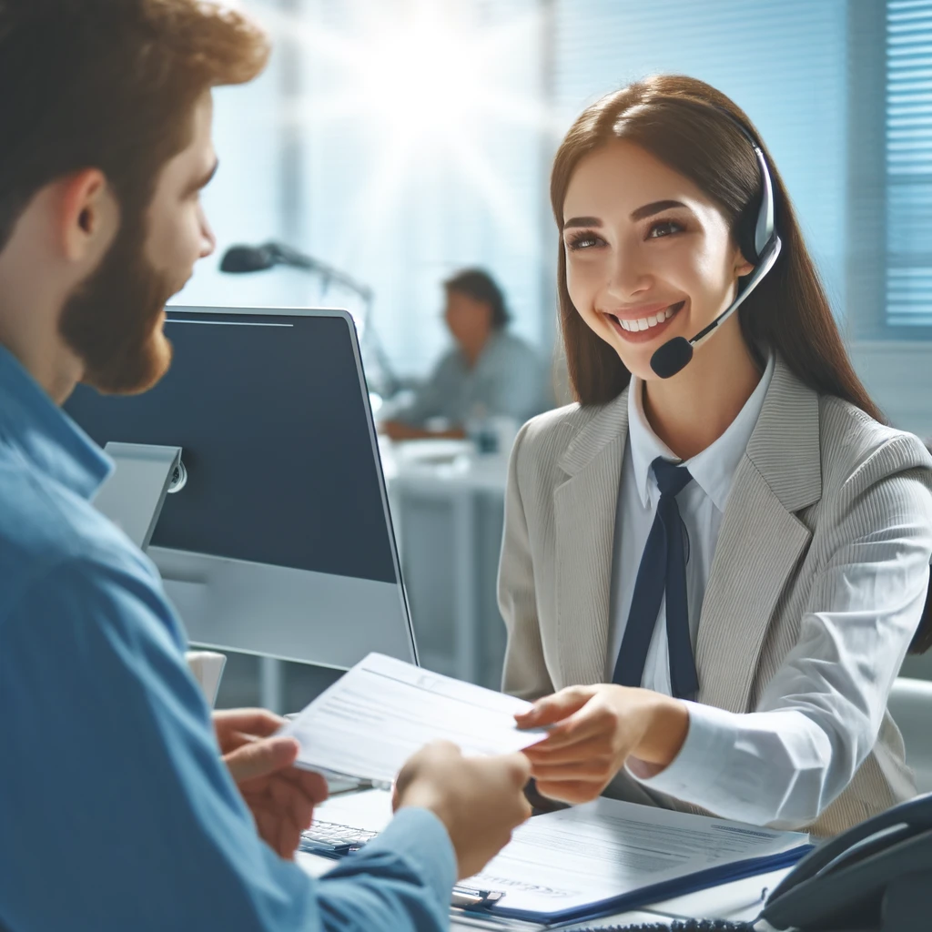 An image of a happy customer service representative assisting a satisfied customer