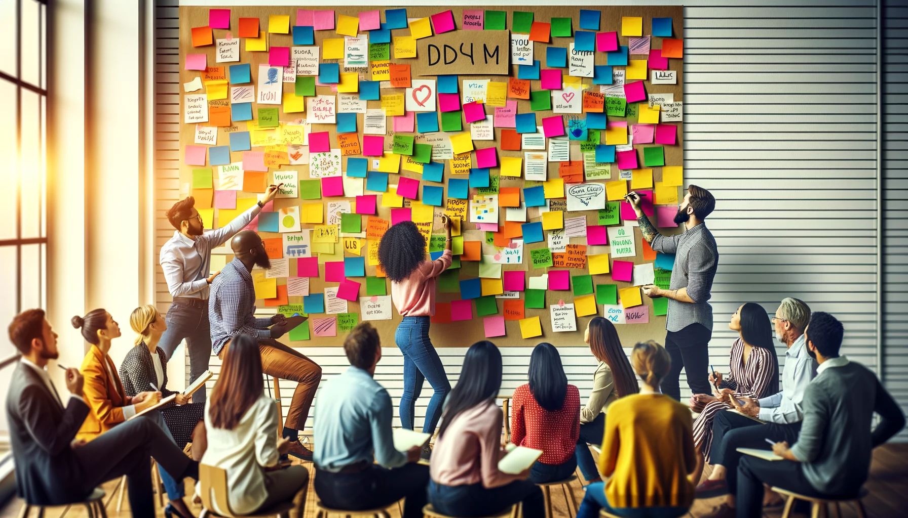 A brainstorming session with sticky notes on a wall, showcasing diverse feedback.