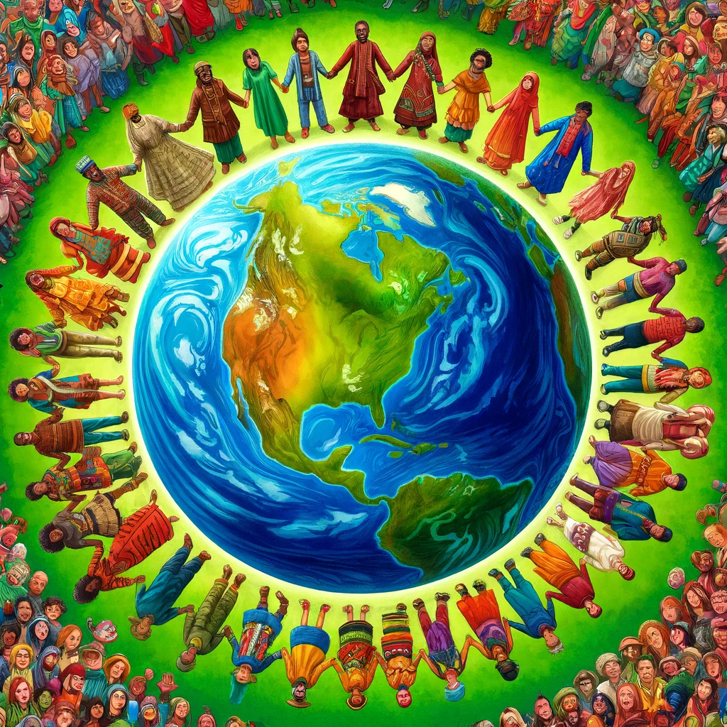 An image depicting a green earth with people from different cultures surrounding it in harmony