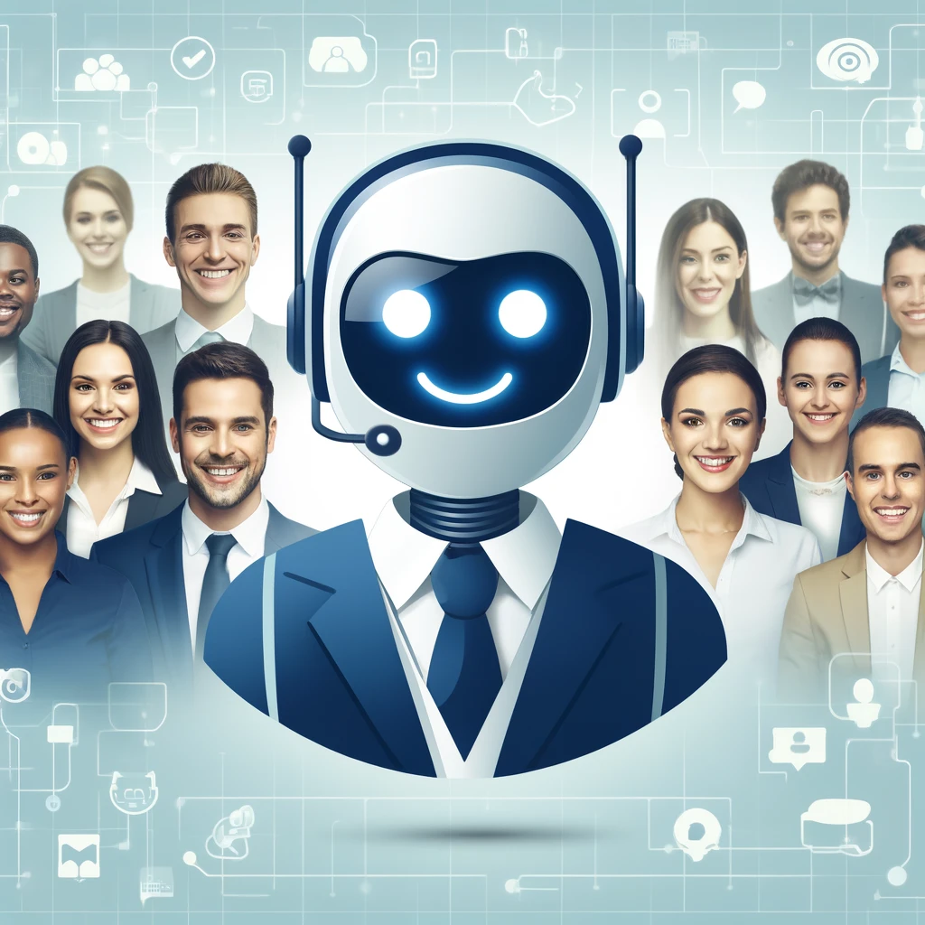 Image of a chatbot icon over a background of smiling customer service representatives.
