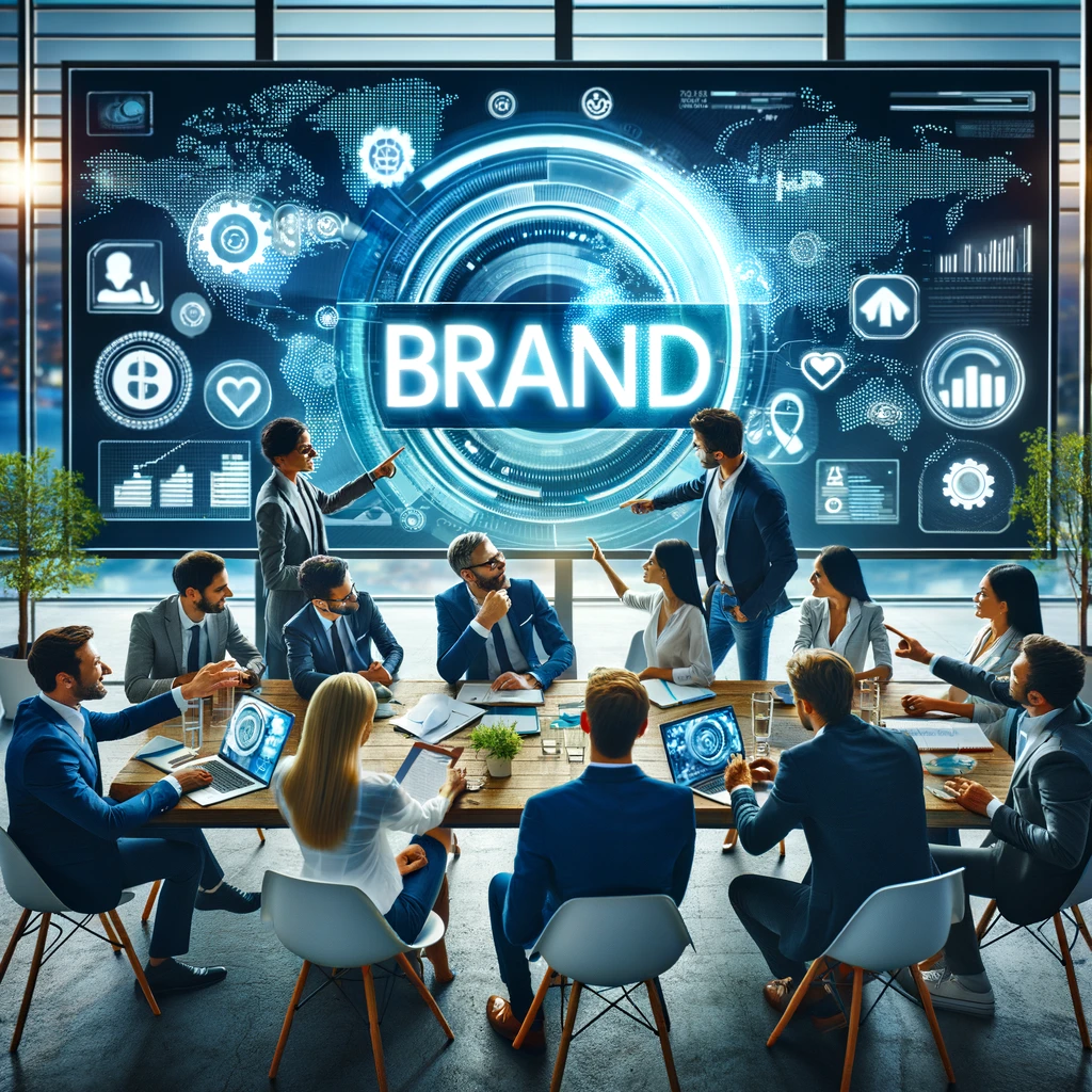 Professional team brainstorming around a screen displaying brand logo, with diverse members engaged in discussion, background visuals of global reach, and hands pointing at key strategies, in a modern and sleek setting, reflecting brand identity and values.