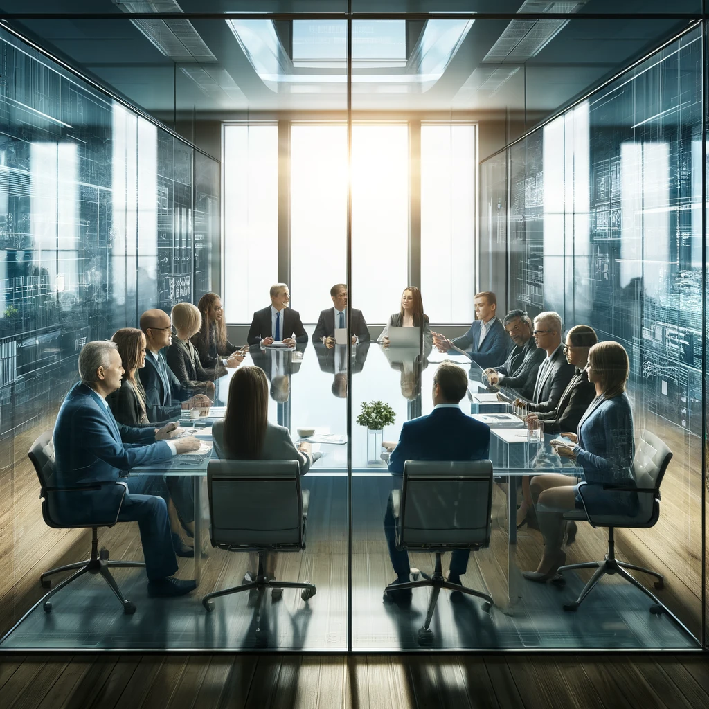 Business meeting with a clear glass conference table symbolizing transparency, surrounded by diverse professionals engaged in open discussion, with documents and digital devices visible through the table, in a room with large windows emphasizing openness and a professional, modern, and clean design.