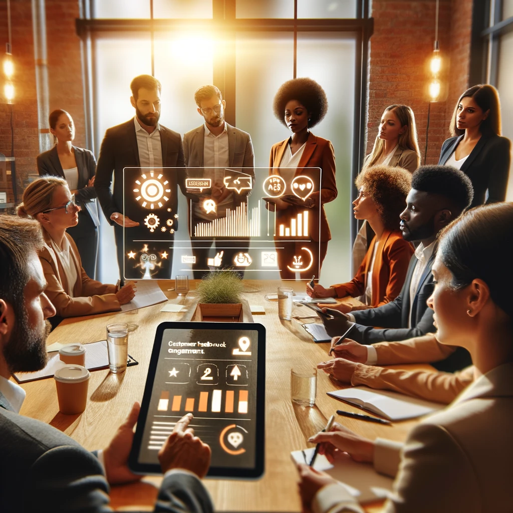 Group of diverse professionals engaged in discussion around a modern conference table in a bright office, with one person presenting on a tablet showing customer feedback statistics, reflecting a collaborative and dynamic corporate atmosphere.