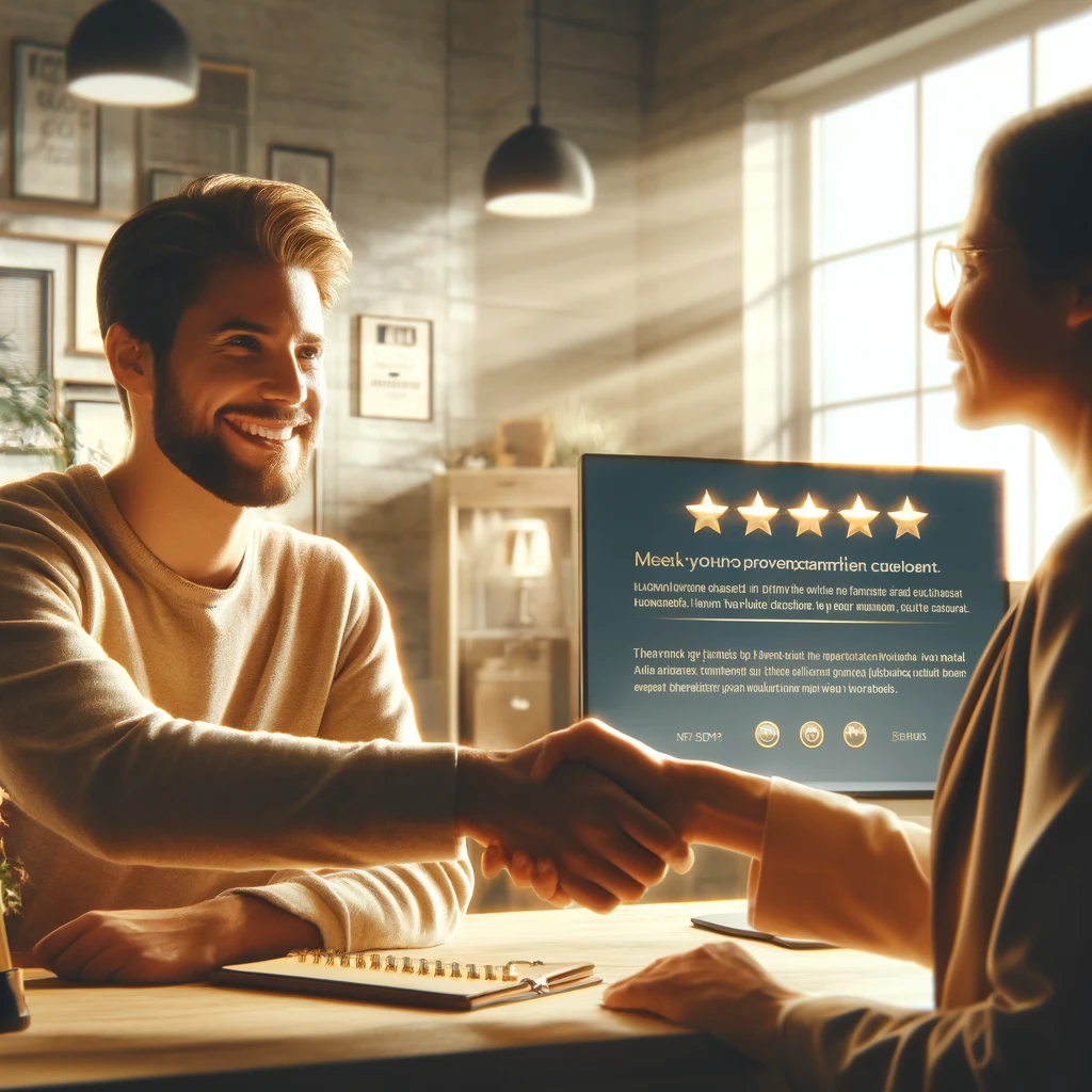 Company representative and customer engaging warmly, shaking hands with smiles in a comfortable office setting, with elements like a positive review on a screen and a 'Thank You' card, against a background of relaxed professional decor with a customer testimonial board, highlighting strong customer relationships.